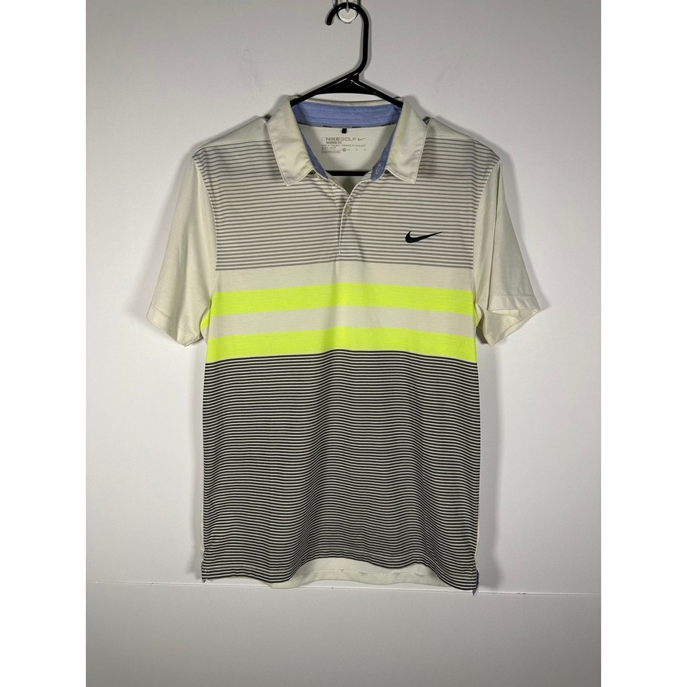 Nike Golf Polo Mens M Modern Fit Dri-FIT Striped Neon Yellow White Gray Swoosh